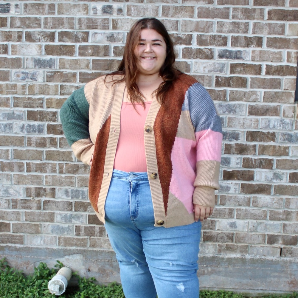 Haptics Colorblock Tan Woven Knit Button Front Sweater Cardigan